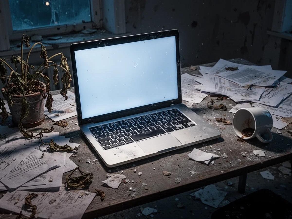 A laptop with a blank white screen on a dusty desk strewn with scattered papers, beside a dead potted plant and a tipped-over coffee mug