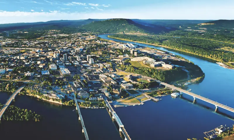 Aerial view of downtown Chattanooga, TN along the Tennessee River
