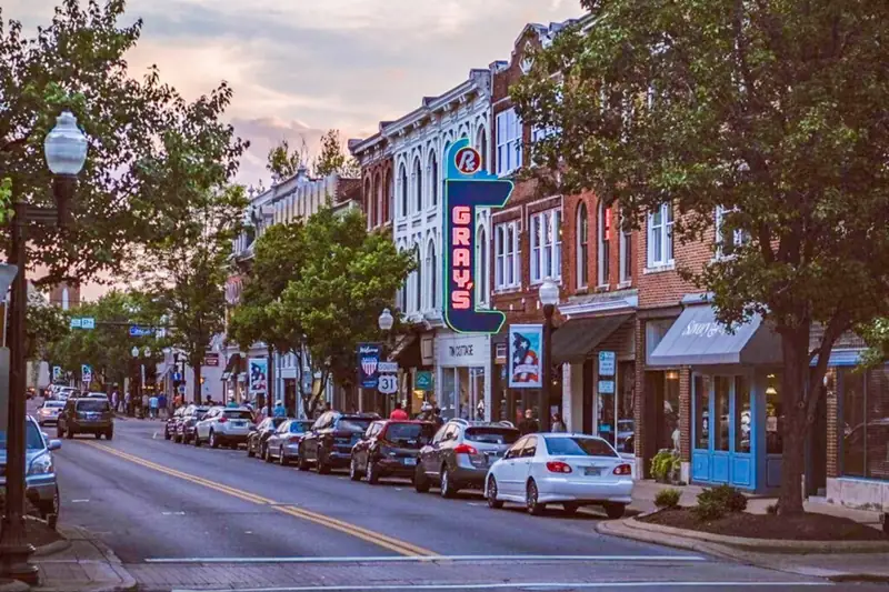 Historic downtown Franklin, TN storefronts at dusk