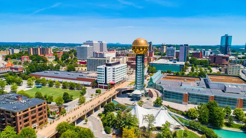 Aerial view of downtown Knoxville, TN with the Sunsphere