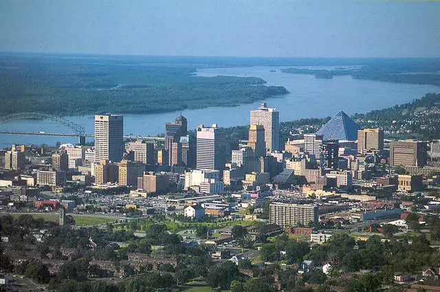 Aerial view of downtown Memphis, TN skyline along the Mississippi River