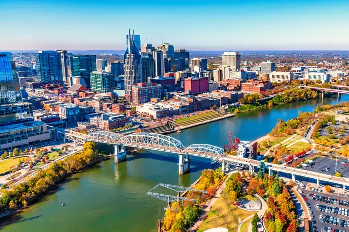 Aerial view of downtown Nashville, TN skyline and the Cumberland River