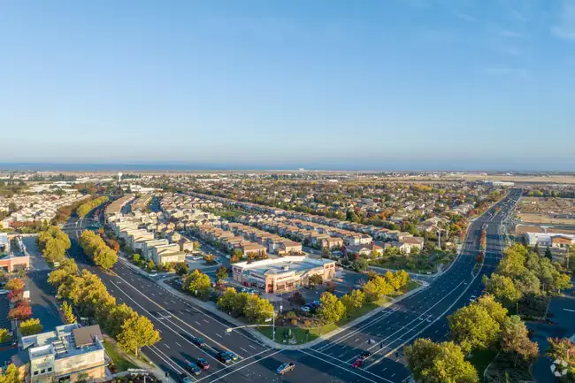 Aerial view of Rancho Cordova, CA neighborhoods and roadways
