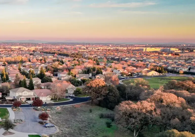 Aerial view of a Roseville, CA residential neighborhood at sunset