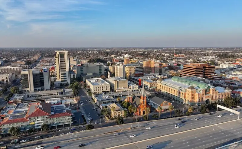Aerial view of downtown Stockton, CA skyline